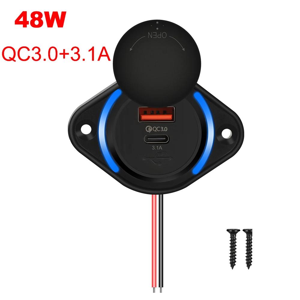 

48W Car Charge QC 3.0+PD with Light Fast Charge Outlet Power Adapter with Sliding Cap Dust Protection USB Port Charger 12V-24V