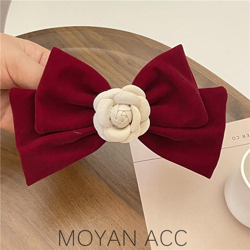 

Elegant Red Velour Bow Hair Clip - Stylish Flower Hair Accessory