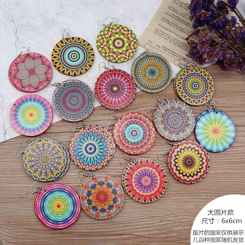 Bohemian vacation style wooden earrings retro personality exaggerated print earrings femininity long earrings