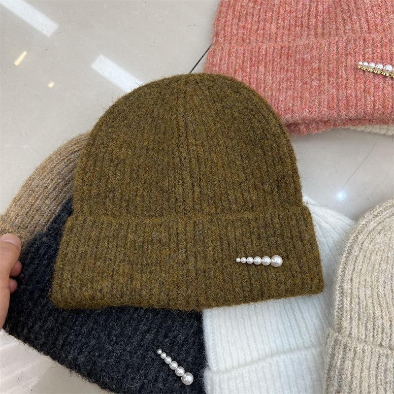 Fashion Pearl Decorative Wool Blended Wool Hat Women's Autumn and Winter Warm Simple Vertical Striped Knitted Cold Hat
