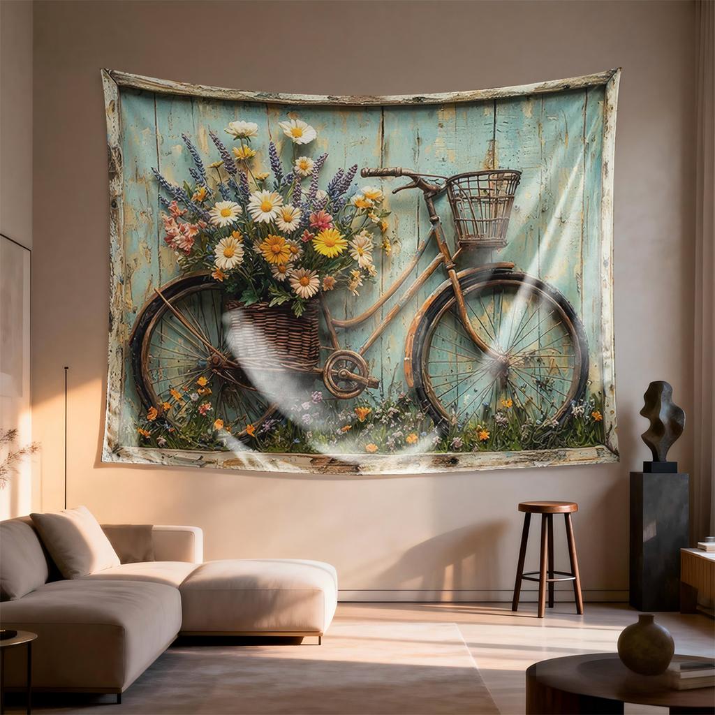 Vintage Fahrrad mit Blumen Digitaldruck Polyester Wandteppich geeignet für Wohnzimmer Schlafzimmer Büros Bars Partys