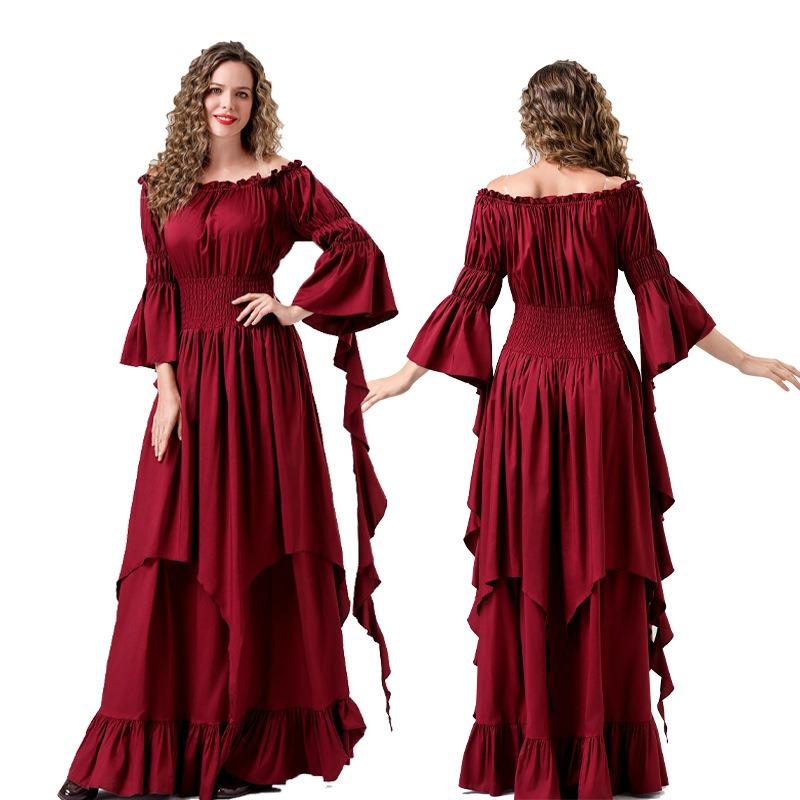Halloween new medieval retro girdle gorgeous horn sleeve multi-color dress costume