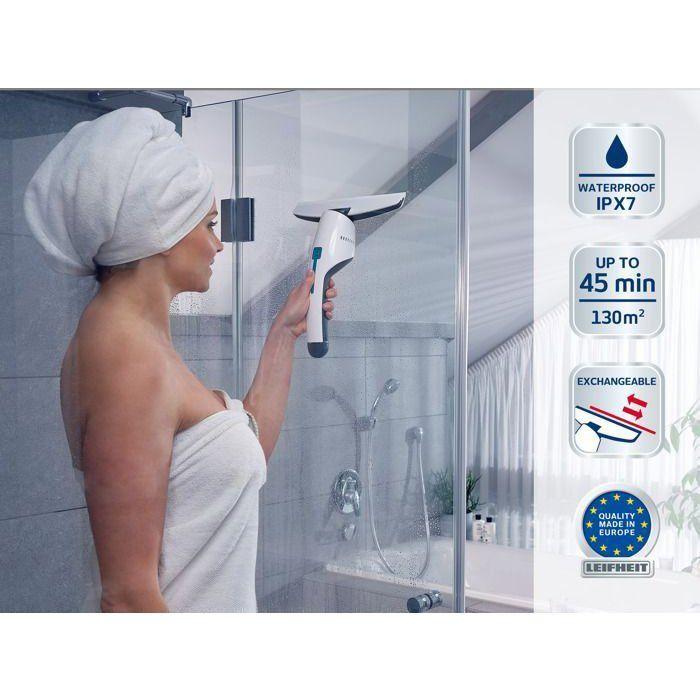 Aspirateur a vitres et salle de bains Leifheit Nemo 51035, lave vitres électrique avec boîtier étanche et support mural, blanc