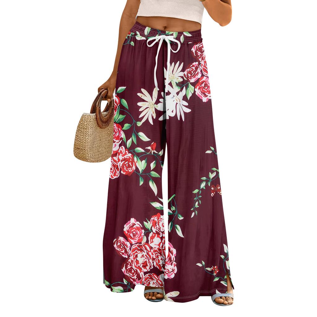 Women Summer Boho Palazzo Pants High Waist Wide Leg Rinting Casual Trousers With Pockets