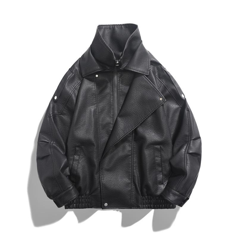 Pánská kožená bunda v americkém stylu na jaro a podzim s klopami a nářadím