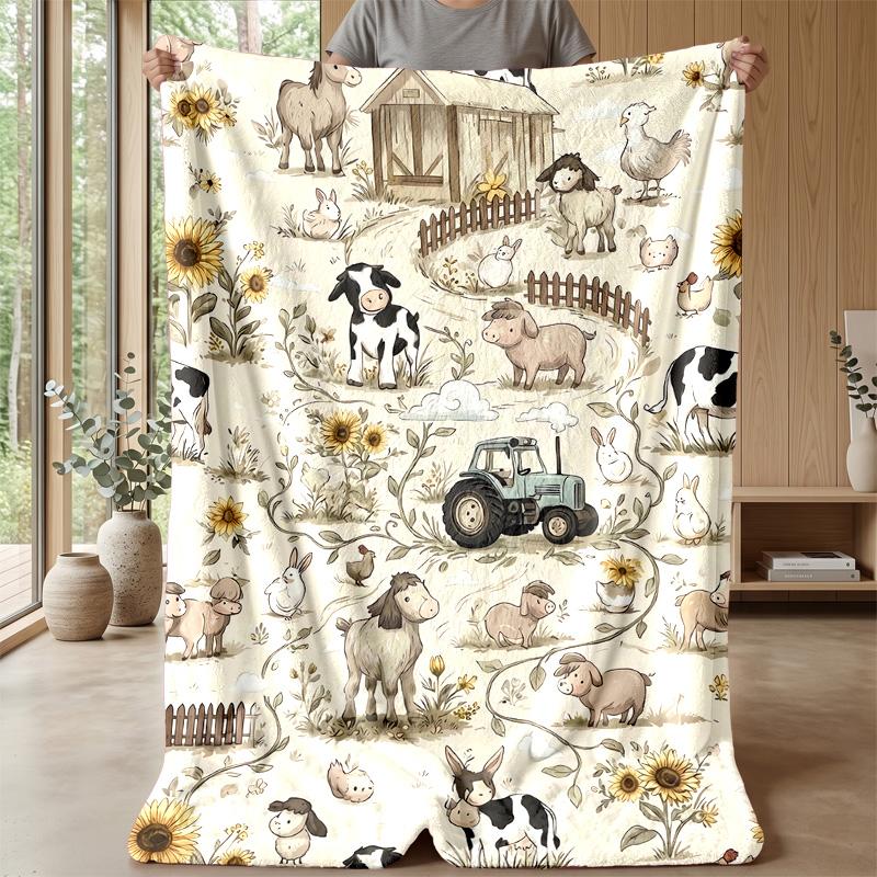 Rural Farm Animals Theme Blanket Lightweight Warm Flannel Blanket Decorative Throw Blanket for Home Decoration