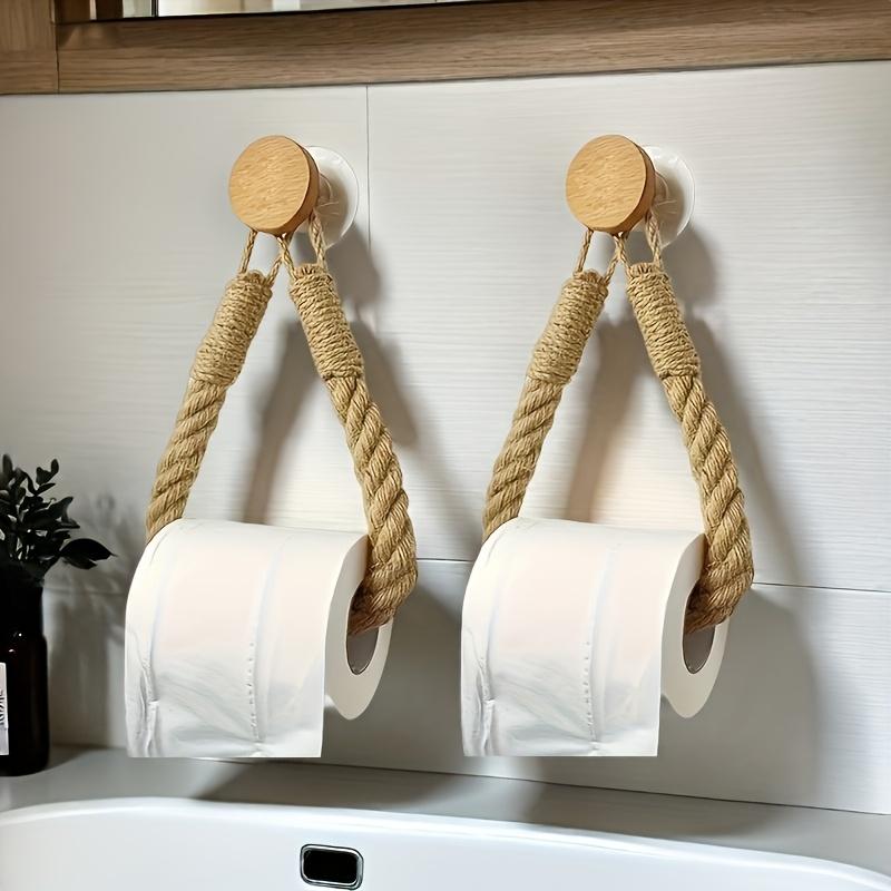 Rustic Hemp Rope Toilet Paper Holder - Self-Adhesive Wall Mount Bathroom Tissue Storage with Wooden Knob, Natural Braided