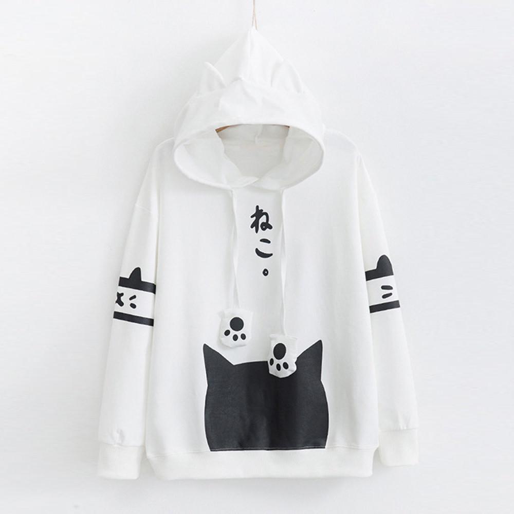 Womens Casual Long Sleeve  Cat Print Pocket Thin Hoodie Blouse Top Shirt