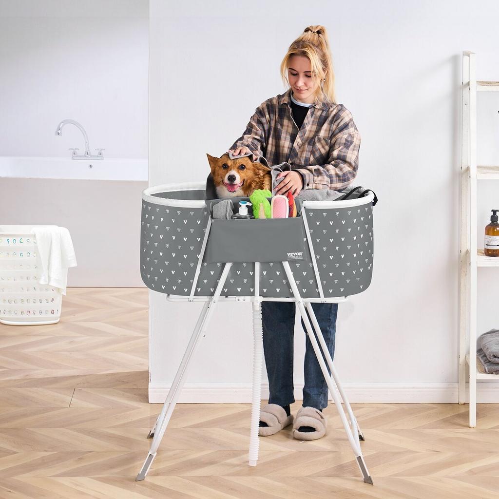 Foldable Dog Bathtub Elevated Grey Shower Station for Small & Medium Pets