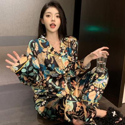 Pajamas Women's Satin Long-sleeved Pajamas Pajamas Suit Flower Printed High-grade Ice Silk Can Be Worn Outside Home Wear Pajamas
