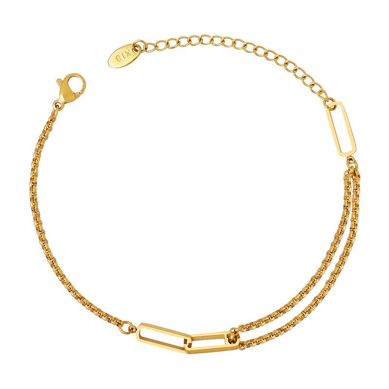 Christmas Geometric Double-Layer Chain Bracelet: Women's 18K Gold-Plated Titanium Steel Rectangular Openwork Design (E179)