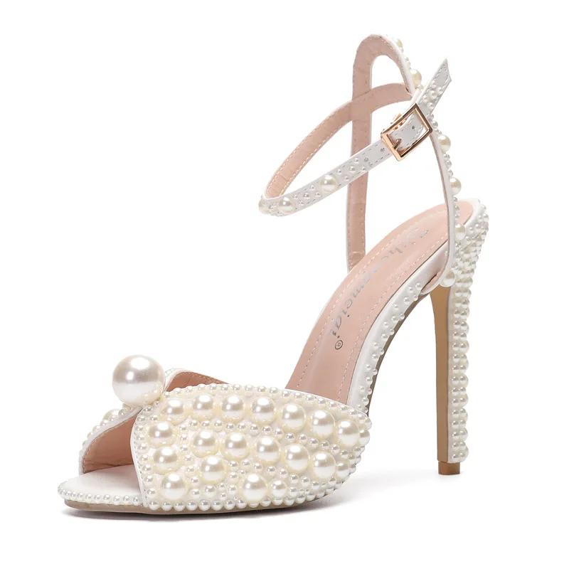 Fashion Maogu Women Sandals Fashion High Quality Wedding Shoes Women New Pearls Studs Luxury Peep Toe High Heels Buckle Woman Sandal 43