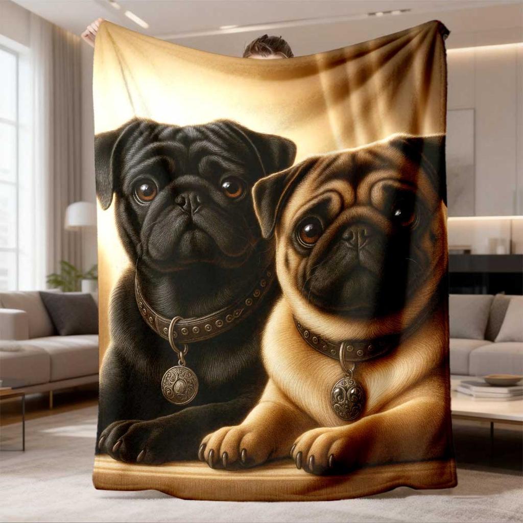 2026 New Arrival Flannel Blanket 1pc Cozy Pug Cartoon Print Flannel Throw Blanket - Soft, Warm, and Perfect for Holiday Memories - Ideal for Napping,