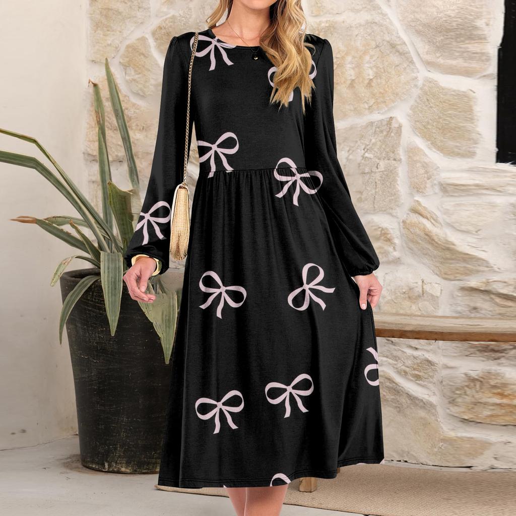 Women's fashionable loose retro printed round-neck dress