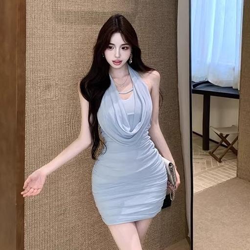 Celebrity style off-the-shoulder swinging neck pleated dress women's summer small slim-fitting waist-wrapped hip-wrapped miniskirt