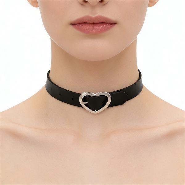 Unisex European Punk Black Leather Choker with Metal Chain and Lock Pendant.