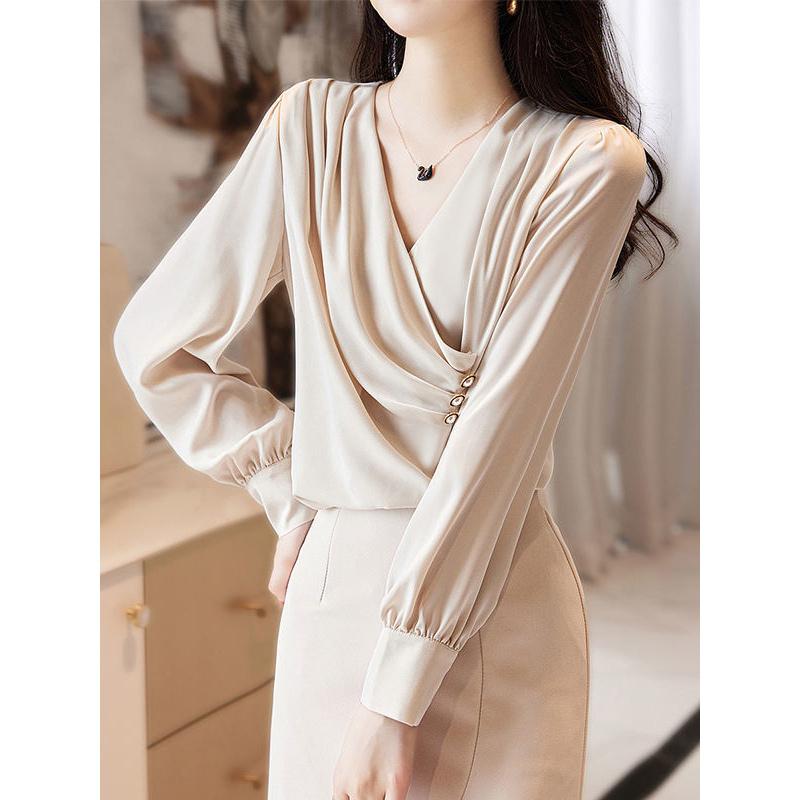 Satin Elegant Buttons Ruffled Office Lady Party Blouse Shirt Fashion Autumn Solid Long Sleeve V-neck Pullover Tops Women Blusas