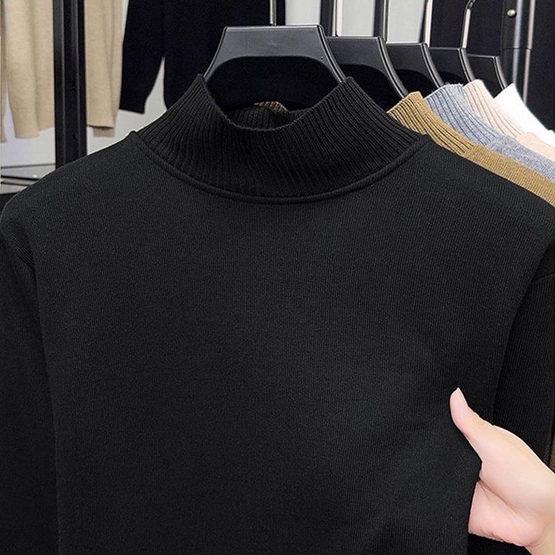 Men's Black Fleece Half-High Neck Sweater, Autumn/Winter Layer, Boys' Base Layer Knitwear