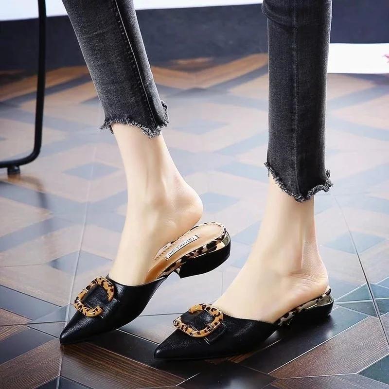 Fashion 2024 Outside Slides Flat Pointed Toe Leather Mules Low Heel Shoes Women's Slippers and Ladies Sandals Blue Chic Elegant I B W G