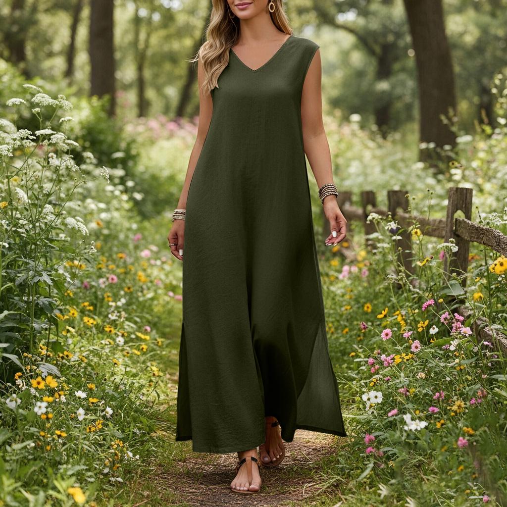 Ärmelloses V-Ausschnitt Maxikleid Lockerer Schnitt Langes Kleid Leichte Leinenoptik Sommer Freizeitkleid mit Seitenschlitz für Damen