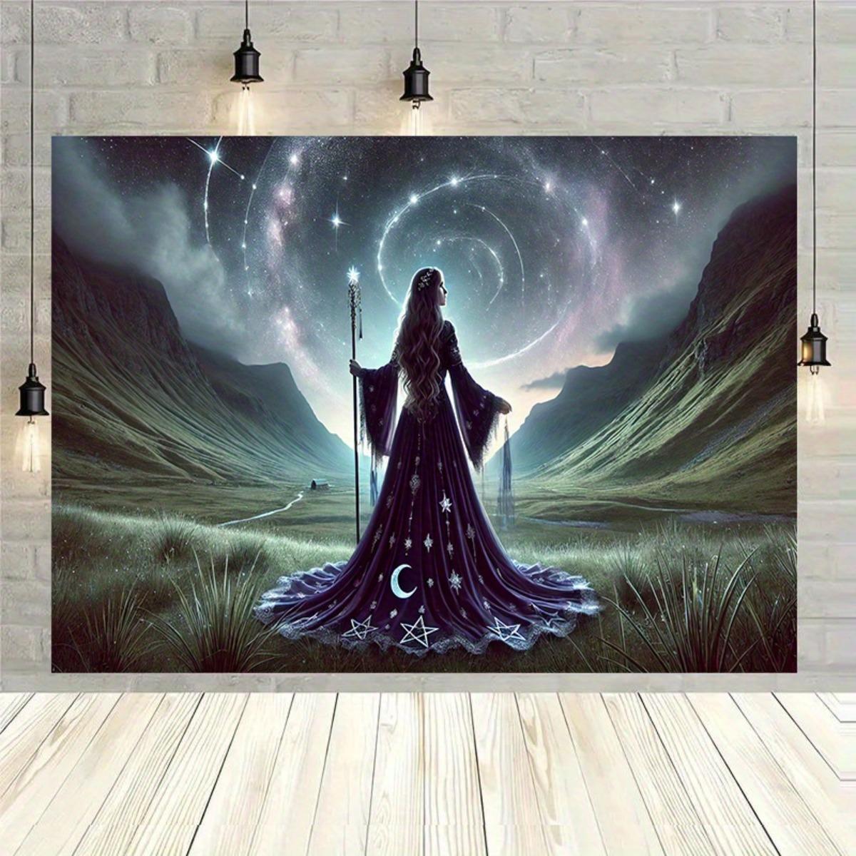 1pc Enchanting Starry Sky Witch Serene Valley Tapestry Mystical Nighttime Landscape with Crescent Moon Durable Polyester Wa 74x94cm(29x37in)