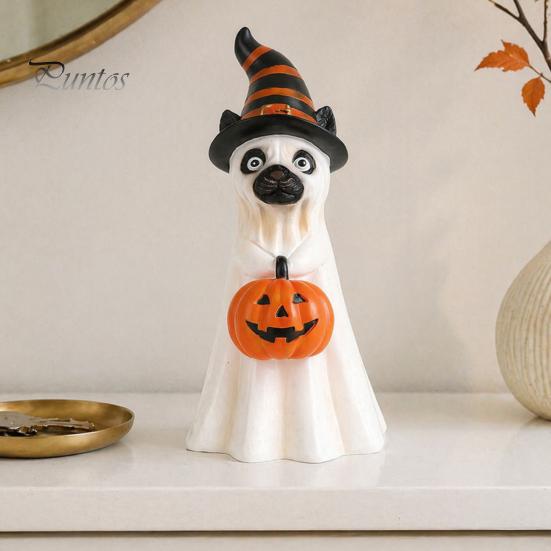 Indoor Haunted House Supplies Halloween Ghost Dog Figurine, Wizard Hat Pumpkin Resin Statue, Cute Tabletop Decor Puppy Ornaments for Entryway
