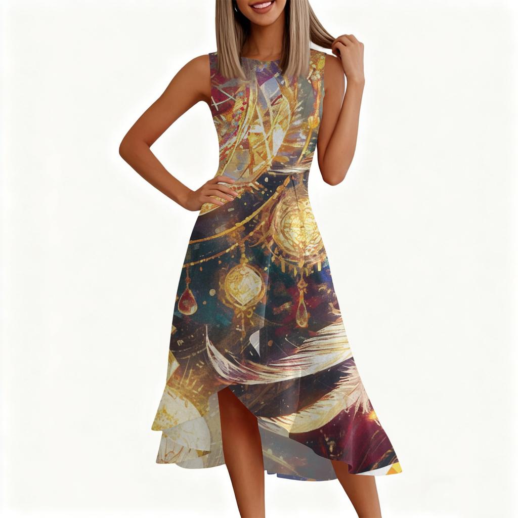 Women's Fashion Casual Sleeveless Round-Neck Printed Ruffled Dress with Zipper