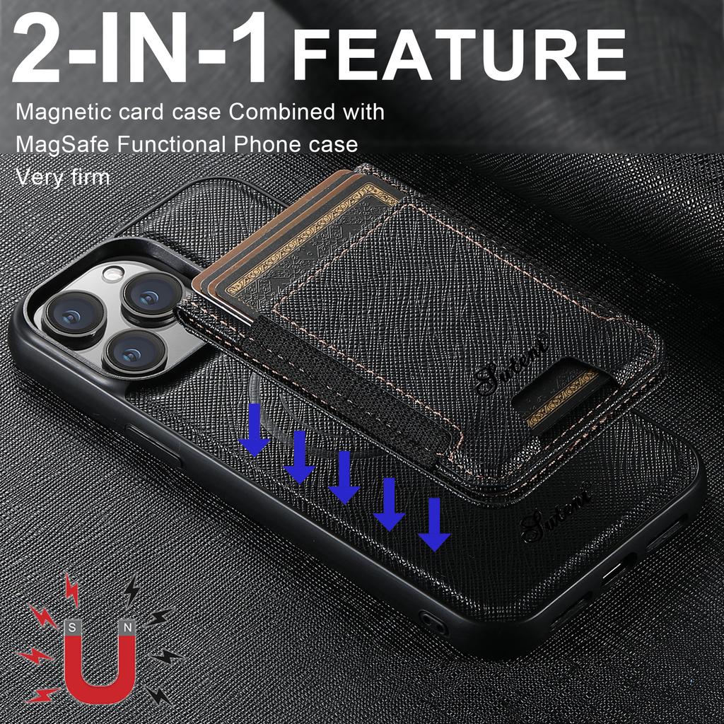 SUTENI H17 For iPhone 12/12 Pro Magnetic Case Cross Texture Leather Phone Back Cover with Detachable Card Bag