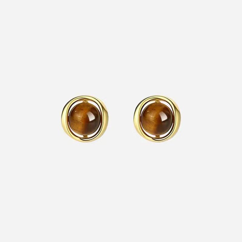 Real 925 Silver Tiger's-eye Stone Bead Mini Stud Earrings For Women Classic Fine Jewelry Minimalist Accessories