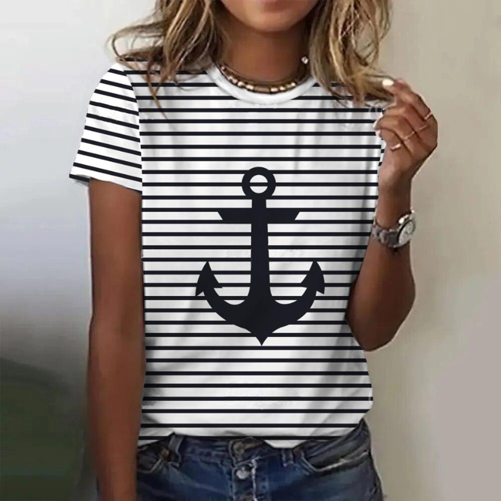 T-shirt da Donna con Stampa 3D di Ancora per Barca Estiva, Maglietta Casual da Donna a Maniche Corte, T-shirt alla Moda con Scollo a O, Top Harajuku, Abbigliamento Femminile
