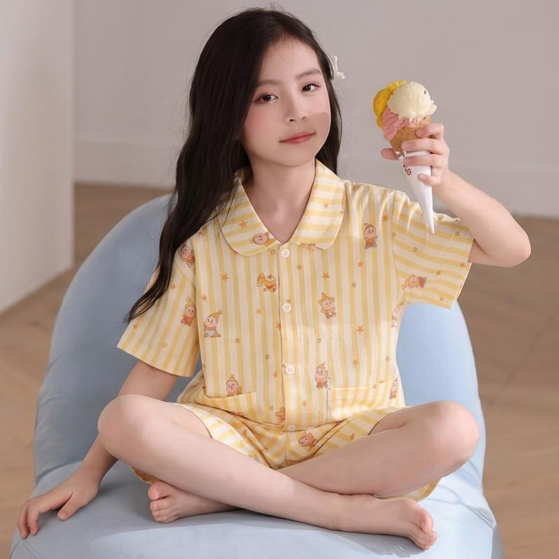 Girls Cotton Gauze Pajama Set Short Sleeve Cartoon Sleepwear Kids Home Wear