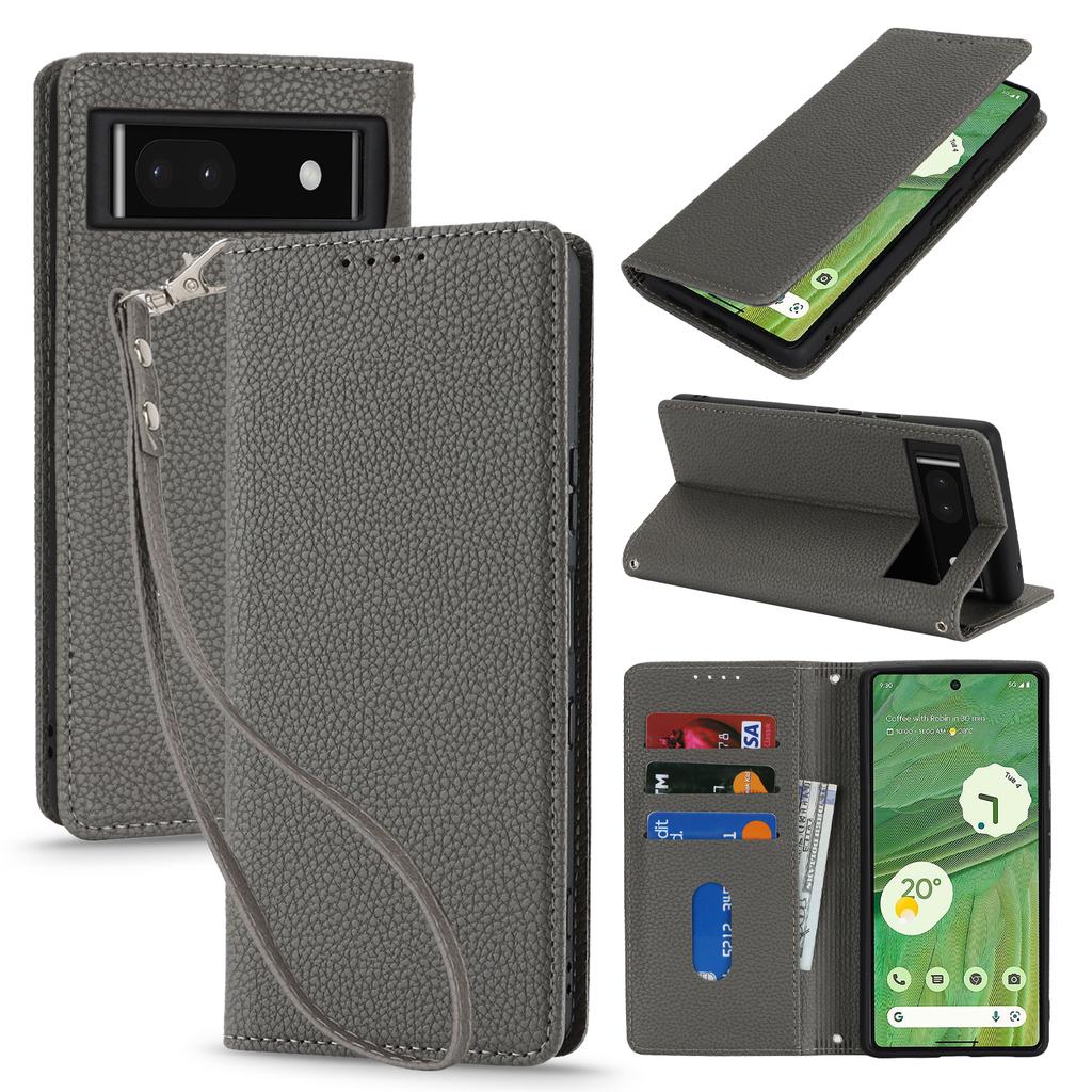 For Google Pixel 7 5G Case Stand Wallet Litchi Texture Leather Flip Phone Cover with Strap