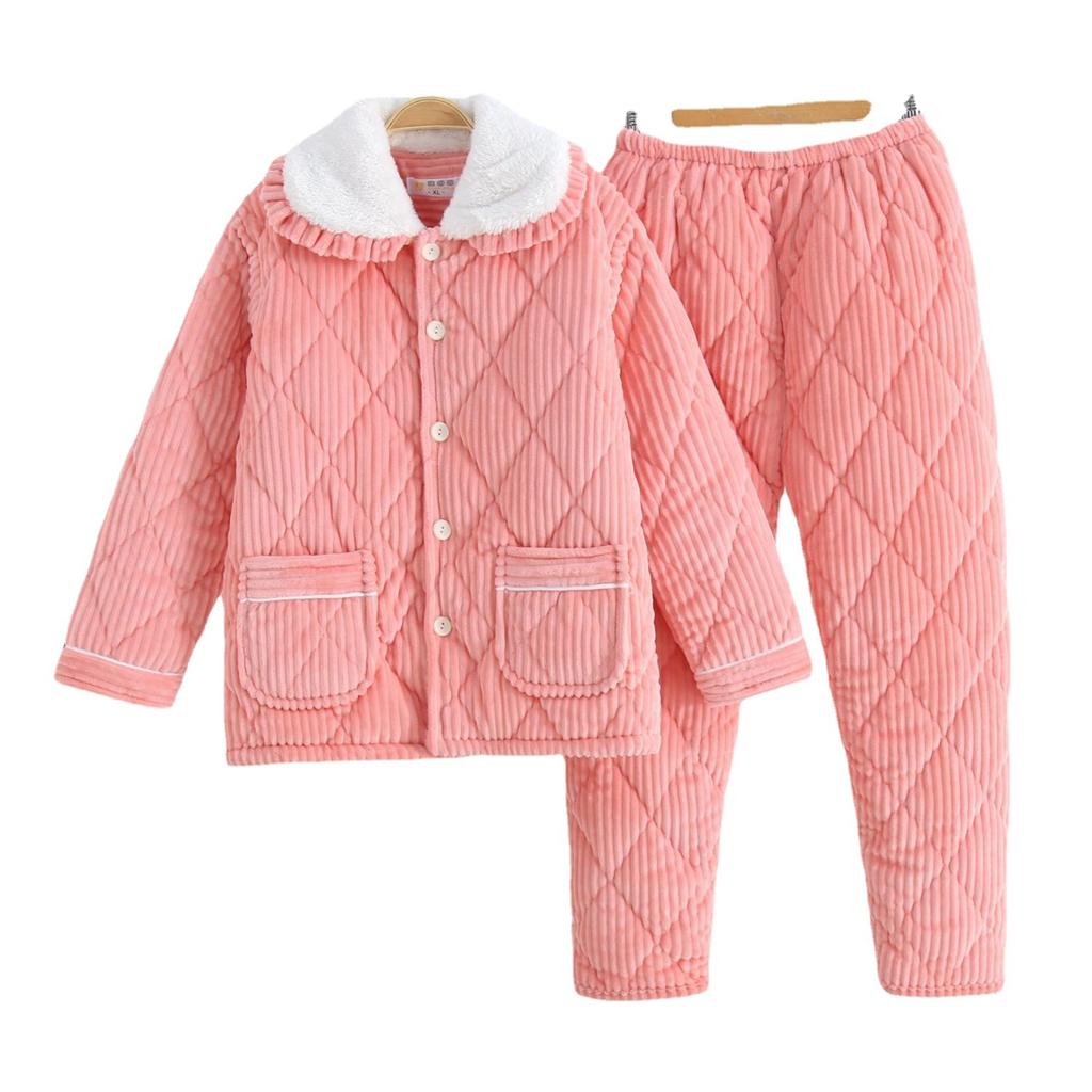 Coral Velvet Three-layer Quilted Jacket Pajamas Women's Autumn and Winter Thickened with Velvet Warm Winter Flannel Home Wear