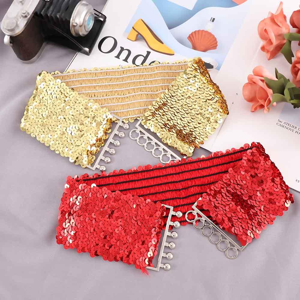 Elastic Sequin Stretch Belly Wide Buckle Belt Waistband