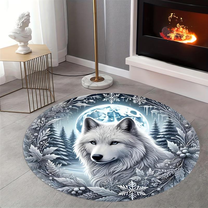 White Wolf Design, Round Carpet, Machine Washable, for Living Room, Bedroom, Entrance, Room Decor, High-Quality Flannel Carpet