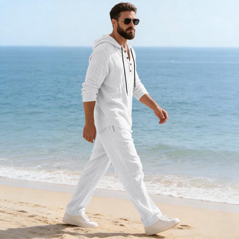 Men's Linen Hooded Long Sleeve and Pants Casual Home Wear Set - Spring/Autumn 2026 Collection