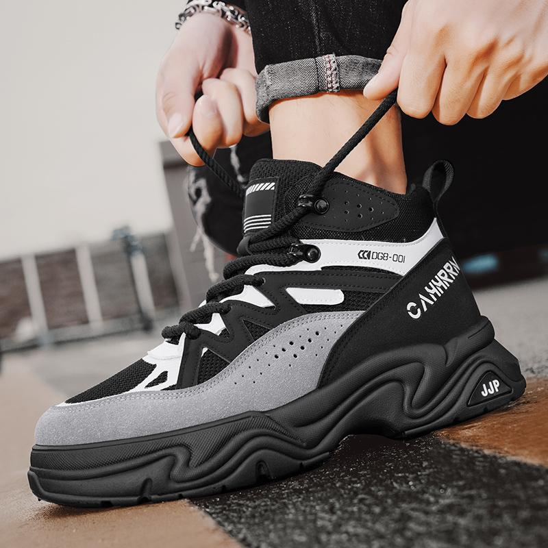 Fashion Boots for Men Outdoor Hiking Shoes Platform Sneakers Mid Top Lace Up Walking Shoes Thick Soled Anti Slip Casual Men Shoe