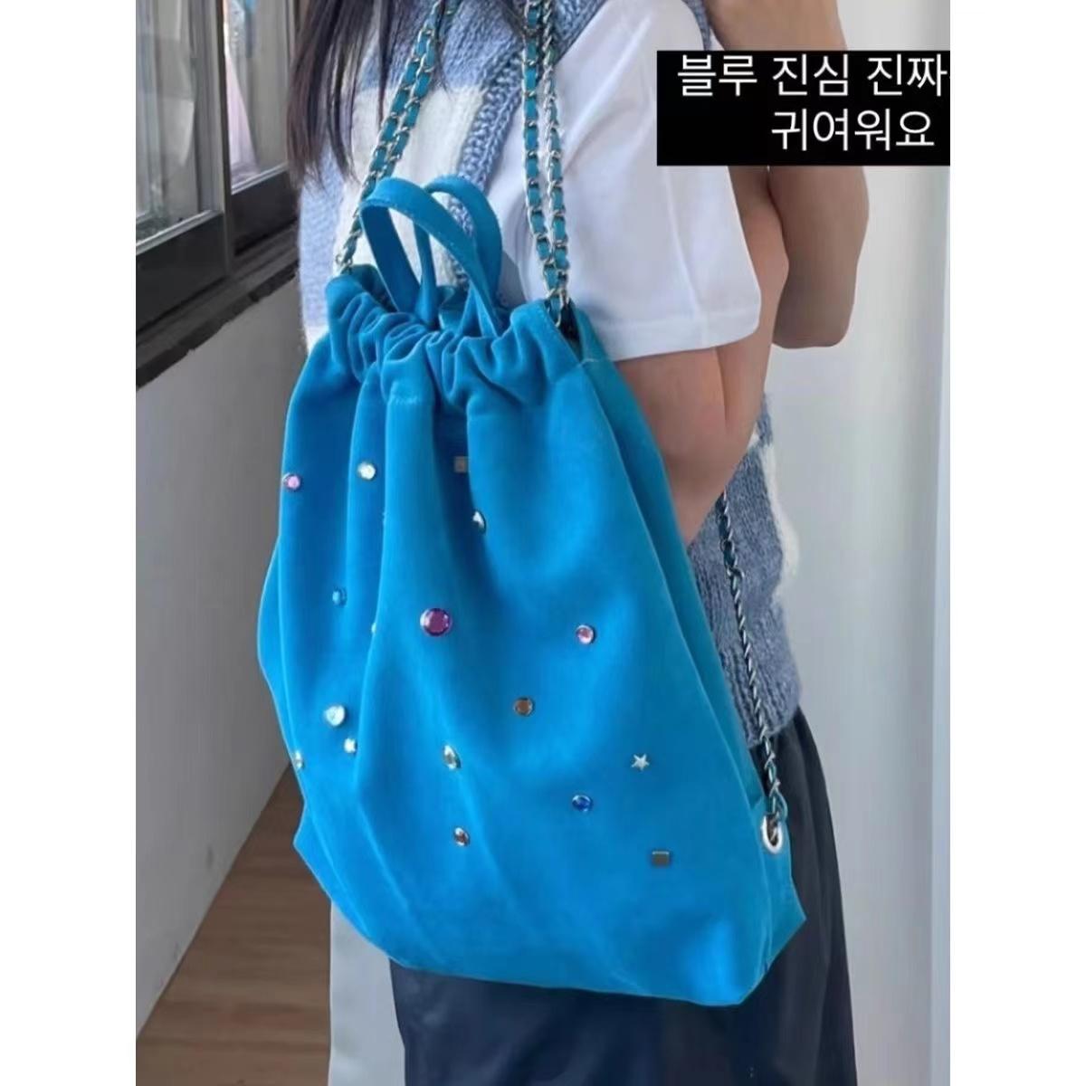 JIAERDI Y2k Vintage Drawstring Backpack Women Hot Girls Beading Chic Backpacks Casual Backpacks Ladies Harajuku Schoolbag Y2k синий
