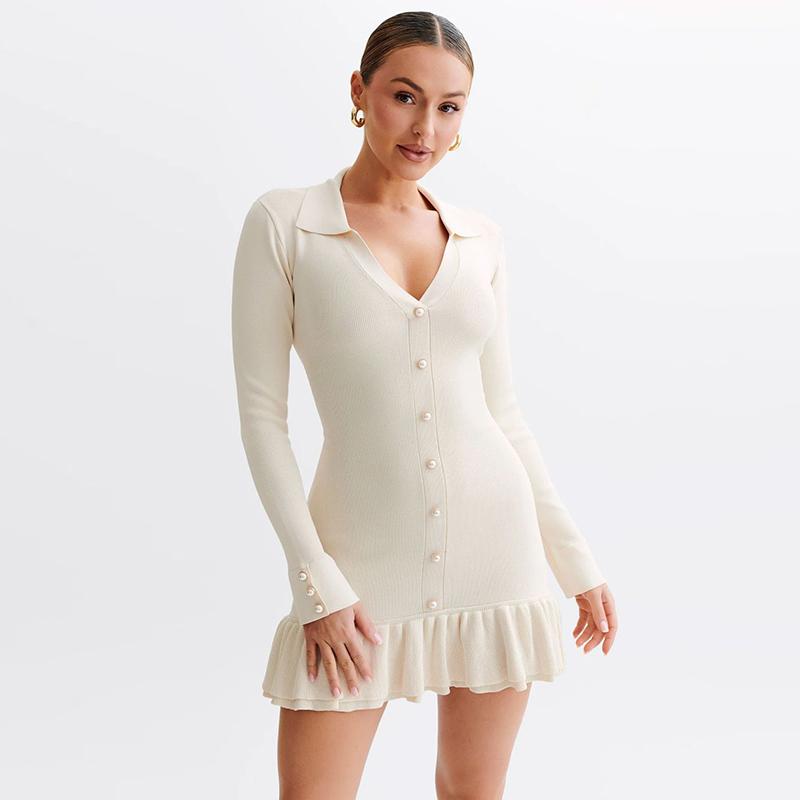Ruffle Splice Knitwear Dress Women Elegant Bandage Bow Backless Mini Dresses Femme Holiday Long Sleeve Contrast Cardigan Lace Up Vacation Knit Dress