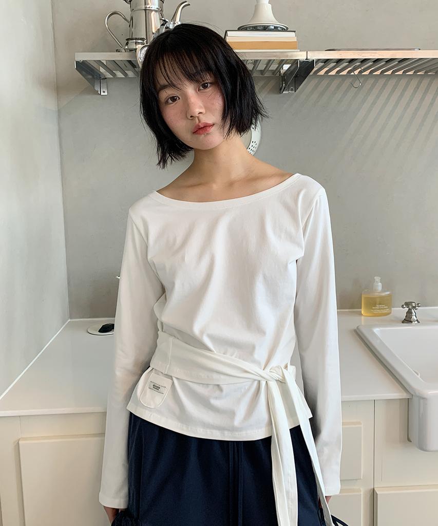 RONRON Waist Tie Off Shoulder Long Sleeve White