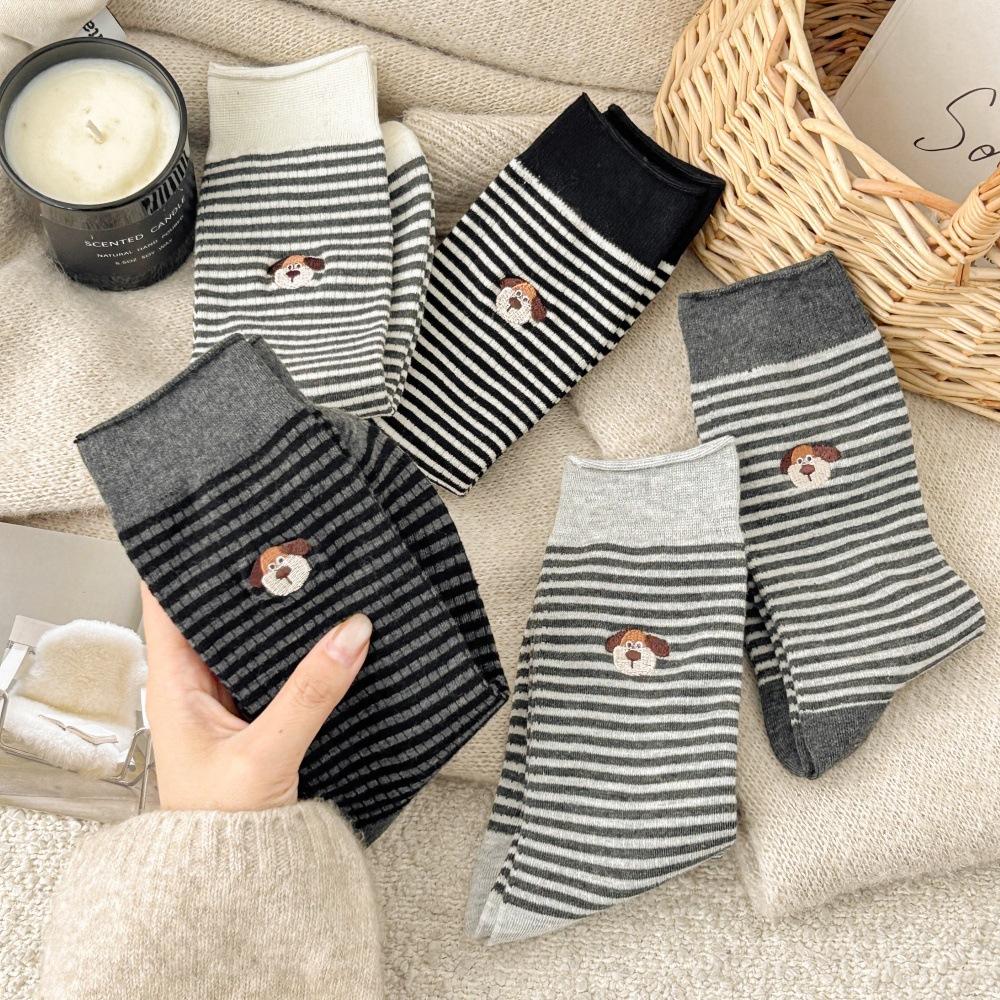 Socks Autumn Embroidery Cartoon Dog Medium Tube Socks Trend Brand Korean Striped Stacking Socks Cotton Socks Women