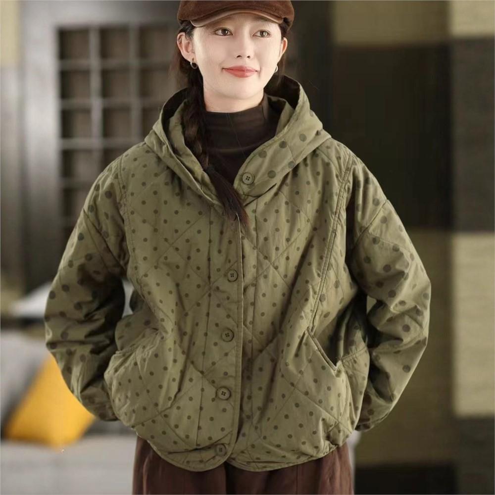 Johnature Women Vintage Hooded Button Warm Polka Winter Loose Casual Soft Female Pockets Thick Coats