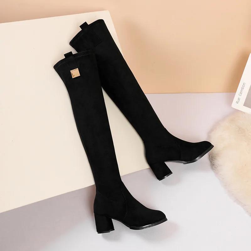 Fashion Suede High-heeled Over-the-knee Boots Woman 2025 New Women's Elastic Long Boots Pointed Toe Chunky Heel Fashion Botas Mujer