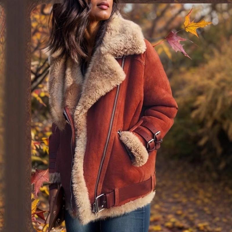 Womens Faux Suede Sherpa Coat Oversized Mid-Length Zip-Up Winter Jacket Street Style