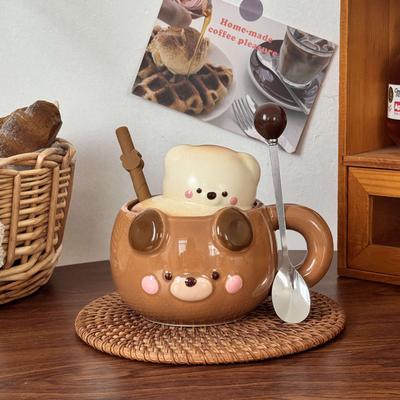 Taza de agua de cerámica de oso coreano ins, linda taza con pajita de alto valor, regalo de cumpleaños de alta gama para niñas