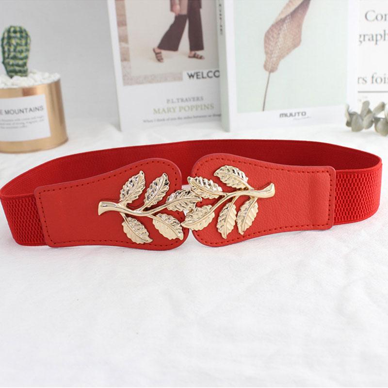 Trendy Golden Leaves Buckle Wide Elastic Waist Belt For Ladies Waist Belt Clothing Accessories Party Decoration