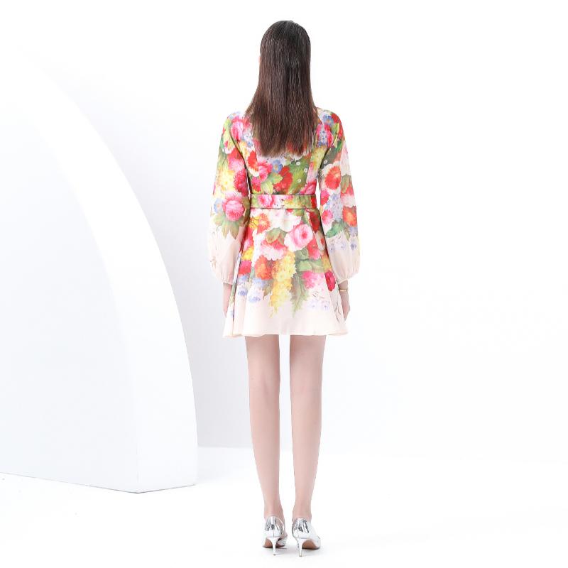 Frühling Sommer Damen Stehkragen Vintage Print Laternenärmel Mini Kurz Urlaubs Strandkleider mit Gürtel