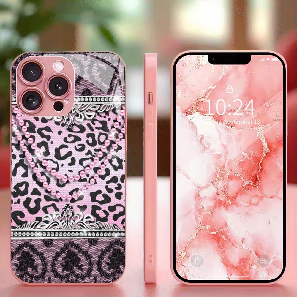 Luxury Pink Leopard Print phone case mobile phones for iphone 17 pro max cover Glass for iPhone 17 16 15 14 13 12 11pm Pro Plus