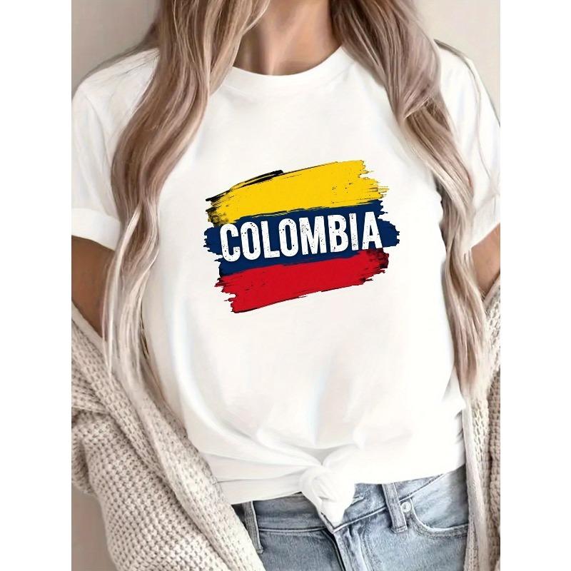 Europäische Größen Damen Lässiges Kurzarm-Rundhals-T-Shirt mit Pinselstrich-Design der kolumbianischen Flagge, Perfekt für Frühling und Sommer