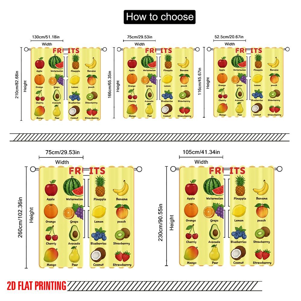 2pcs 2D Flat Printing Curtain Fruit Chart Learning Educational Polyester Without Electricity Birthday Party Use for Home Decor